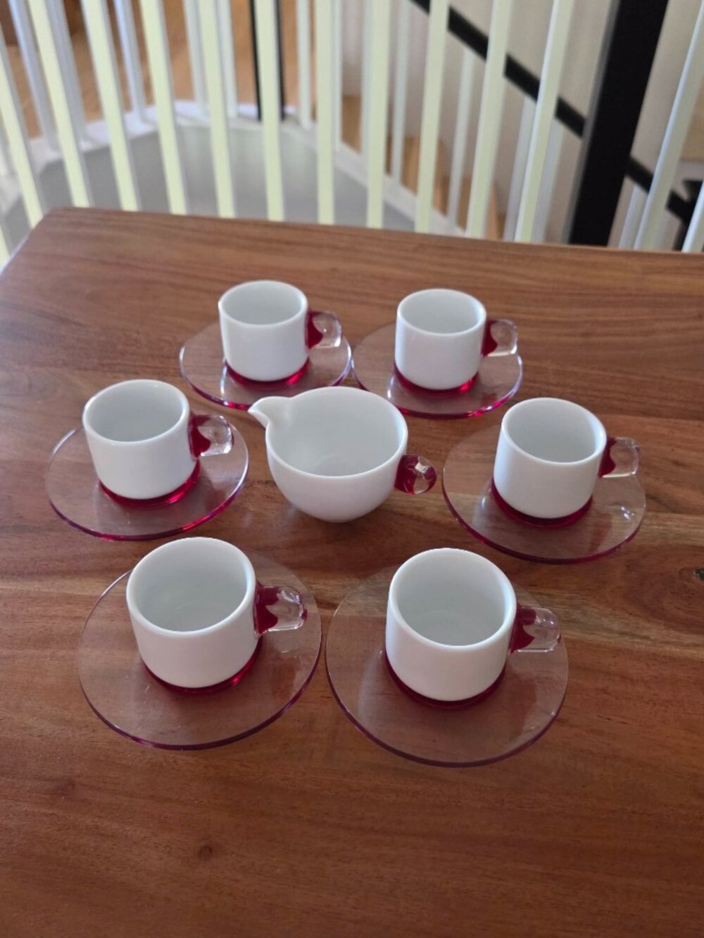 GUZZINI Italy set of 6 Porcelain w/ Acrylic Espresso Cups & Saucers + Creamer